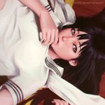  bangs black_hair commentary deviantart_username guweiz hair_between_eyes hand_on_own_chin long_hair looking_at_viewer lying on_back original shirt solo striped striped_shirt 