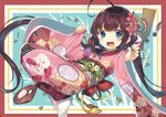  ahoge bangs blue_eyes blush board_game bow brown_hair commentary_request eyebrows_visible_through_hair fingernails floral_print flower food full_body gurasion_(gurasion) hagoita hair_flower hair_ornament hinatsuru_ai holding japanese_clothes kimono long_hair long_sleeves looking_at_viewer low_twintails mochi obi open_mouth outstretched_arm paddle pinching_sleeves pink_kimono print_kimono red_bow red_flower ryuuou_no_oshigoto! sash shougi sidelocks socks solo twintails upper_teeth very_long_hair wagashi white_legwear wide_sleeves 