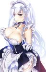  apron azur_lane bangs belfast_(azur_lane) blue_eyes blush braid breasts chain cleavage closed_mouth collar commentary_request cowboy_shot eyebrows_visible_through_hair frilled_apron frills gloves half_updo large_breasts lifted_by_self long_hair looking_at_viewer maid maid_headdress no_bra shiny shiny_hair simple_background skirt skirt_lift smile solo thighhighs thighs tsurime twitter_username waist_apron white_background white_gloves white_legwear yu_yu 