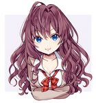  :3 ahoge blue_eyes blush bow bowtie breasts brown_hair cleavage collarbone commentary_request crossed_arms earrings eyebrows_visible_through_hair highres ichinose_shiki idolmaster idolmaster_cinderella_girls jewelry large_breasts lips long_hair looking_at_viewer plaid_neckwear school_uniform smile solo upper_body wavy_hair yui_(spica) 