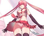  arms_at_sides black_gloves black_legwear breasts cropped_vest elbow_gloves from_below gloves hatsune_miku highres long_hair looking_at_viewer necktie nipples panties pink pink_hair quuni red solo thighhighs twintails underwear upskirt vocaloid white_panties zoom_layer 