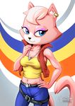  2018 anthro bare_shoulders belt black_nose blue_eyes breasts cat clothed clothing digital_media_(artwork) ear_piercing eyeshadow feline female fur hair hi_res jacket jewelry katt_monroe looking_at_viewer makeup mammal midriff mysticalpha navel necklace nintendo piercing pink_fur pink_hair signature smile solo star_fox video_games white_fur white_hair 