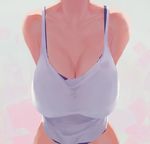  arms_behind_back bare_shoulders bra breasts cleavage commentary_request grey_background head_out_of_frame huge_breasts leaning_forward noccu original pink_background purple_bra shirt solo underwear upper_body white_shirt 