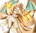  arii_(tari621011) breasts brown_dress brown_eyes brown_footwear brown_hair charizard cleavage detached_sleeves dress fire flame full_body gen_1_pokemon highres long_hair looking_at_viewer md5_mismatch medium_breasts open_mouth personification pokemon solo wings 