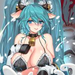 :p animal_ears animal_print bell bikini blue_eyes blue_hair blush breast_suppress breasts cow_bell cow_ears cow_girl cow_horns cow_print frilled_bikini frills hair_bell hair_between_eyes hair_ornament hair_ribbon hooves horns lactation large_breasts league_of_legends long_hair looking_at_viewer pd_(pdpdlv1) ribbon smile solo sona_buvelle swimsuit tongue tongue_out 