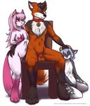  anthro black_fur black_hair blue_hair buster_the_fox canine caprine cat collar feline female fox fur goat hair horn kara_(trippledot) male mammal mia nude one_eye_closed orange_fur pet pink_fur pink_hair psychoticbubble spots white_fur 