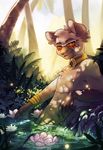  2016 anthro bracelet brown_markings claws clockbirds detailed_background eyewear feline fur glasses gloves_(marking) jewelry jungle leaning looking_at_viewer lotus_flower male mammal markings necklace nude outside partially_submerged plant pond solo sunbeam tan_fur water 