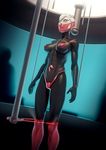  absurdres asajj_ventress bad_id bad_pixiv_id black_bodysuit blue_eyes bodysuit breasts corruption emperor's_royal_guard facial_mark gagged highres john_doe laser_beam latex medium_breasts rolling_eyes shiny shiny_clothes short_hair skin_tight standing star_wars sweat white_hair 