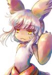  :3 animal_ears bangs blunt_bangs closed_mouth commentary_request eyebrows_visible_through_hair furry highres horizontal_pupils looking_at_viewer made_in_abyss military military_uniform nanachi_(made_in_abyss) naval_uniform paws puffy_pants ria_(efikrisia) short_hair sidelocks silver_hair simple_background solo standing uniform upper_body white_background yellow_eyes 