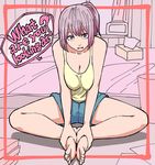  bad_id bad_pixiv_id barefoot bed breasts butterfly_sitting cleavage commentary_request english feet hands_on_own_feet indoors large_breasts lavender_eyes lavender_hair looking_at_viewer open_mouth original polka_dot ponytail sitting soles solo speech_bubble spread_legs tank_top tissue_box toes tuskryo window 