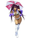  amanomiya_ayame belt belt_boots between_breasts black_panties blue_gloves boots bracelet breasts brown_eyes cleavage clothes_writing cropped_jacket dark_skin facial_tattoo fingerless_gloves full_body gloves hand_on_hip holding holding_umbrella jacket jewelry large_breasts long_hair looking_at_viewer loose_belt nail_polish necktie one_eye_closed open_clothes open_jacket panties purple_hair sleeveless_jacket solo sports_bra star_tattoo super_robot_wars super_robot_wars_x-omega tattoo thigh_boots thighhighs thighhighs_under_boots transparent_background twintails umbrella underwear watanabe_wataru white_footwear white_legwear 