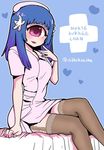  blue_background blue_hair blush character_name crossed_legs cyclops dress feet_out_of_frame fingernails garter_straps hair_ornament hand_up heart looking_at_viewer nurse one-eyed original parted_lips pink_eyes pink_lips shake-o short_dress short_sleeves simple_background sitting smile solo starfish thighhighs twitter_username white_dress 