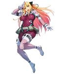  arm_up belt blonde_hair bodysuit breasts breasts_apart clothes_writing eyebrows_visible_through_hair full_body hand_to_head large_breasts long_hair looking_at_viewer official_art open_mouth pink_hair red_eyes shatte_judevesten solo super_robot_wars super_robot_wars_x-omega transparent_background upper_teeth utility_belt watanabe_wataru 