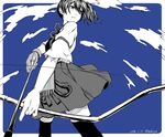  archery arrow artist_name bad_id bad_pixiv_id blue_background bow_(weapon) cloud dated from_below gloves highres japanese_clothes kaga_(kantai_collection) kantai_collection kyuudou looking_afar monochrome muneate open_mouth side_ponytail thighhighs tuskryo weapon 