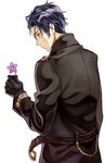  belt black_hair cheese_kang eyepatch facial_scar flower from_behind gilbert_bougainvillea gloves green_eyes military military_uniform scar scar_on_cheek uniform violet_(flower) violet_evergarden 