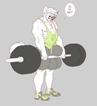  anthro boosterpang bulge canine clothed clothing english_text exercise eyewear footwear glasses hair hyper hyper_bulge male mammal muscular muscular_male open_mouth shirt shoes solo standing tank_top text weightlifting workout 