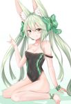  :q absurdres alternate_costume animal_ear_fluff animal_ears art556_(girls_frontline) bangs blush bow breasts brown_eyes cleavage collarbone commentary eyebrows_visible_through_hair eyes_visible_through_hair facepaint fox_ears girls_frontline gradient gradient_background green_bow green_hair hair_between_eyes hair_bow hand_up highres leg_ribbon long_hair looking_at_viewer medium_breasts navel off_shoulder one-piece_swimsuit ribbon ru_zhai sidelocks simple_background sitting smile solo swimsuit thighs tongue tongue_out twintails very_long_hair wariza wrist_bow 