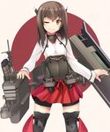  ;) bike_shorts brown_eyes brown_hair flat_chest headband headgear highres kantai_collection long_sleeves machinery mofu_namako one_eye_closed pleated_skirt rigging short_hair skirt smile smokestack solo taihou_(kantai_collection) thighhighs 