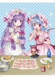  absurdres ama-tou apron ascot bat_wings blue_background blue_hair bottle bowl checkered checkered_background cookie crescent crescent_moon_pin dress eating food hair_ribbon hand_up hat hat_ribbon head_wings highres holding honey jam koakuma long_hair macaron maid_apron minigirl mob_cap multiple_girls pastry_bag patchouli_knowledge pink_hat plate puffy_short_sleeves puffy_sleeves purple_eyes purple_hair red_eyes red_hair red_neckwear red_ribbon remilia_scarlet ribbon short_sleeves smile spatula star striped striped_dress touhou wings wrist_cuffs 