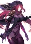  annojou_haruto bodysuit breasts commentary_request fate/grand_order fate_(series) highres large_breasts long_hair looking_at_viewer purple_bodysuit purple_hair red_eyes scathach_(fate)_(all) scathach_(fate/grand_order) solo veil 