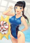  aoi_ch. bangs black_hair blue_eyes blue_swimsuit blunt_bangs competition_swimsuit cowboy_shot dokiyuri fuji_aoi highleg highleg_swimsuit highres long_hair long_sleeves looking_at_viewer mask mole mole_under_eye one-piece_swimsuit open_mouth ponytail rei_no_pool smile solo swimsuit virtual_youtuber 