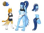  4_toes 5_fingers anthro barefoot blonde_hair blue_eyes blue_hair blue_skin braided_hair clothed clothing digitigrade duo hair jay-kuro lizard midriff navel reptile scalie simple_background smile spines toes white_background 