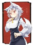  alternate_costume animal_ears black_skirt blush breasts hair_between_eyes hand_on_hip hand_up high-waist_skirt highres inubashiri_momiji jewelry kasuka_(kusuki) large_breasts long_sleeves necklace red_background red_eyes skirt solo sweatdrop tail touhou translated white_hair wolf_ears wolf_tail 