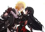  1girl bandaged_arm bandages belt black_coat black_hair blonde_hair blue_eyes brown_gloves closed_mouth cowboy_shot eizen_(tales) eye_contact gloves long_hair looking_at_another low-tied_long_hair profile saklo simple_background smile tales_of_(series) tales_of_berseria velvet_crowe white_background wrist_grab yellow_eyes 