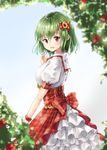  adapted_costume blue_sky blurry blurry_background bow breasts day dress flower frills from_side green_hair hair_between_eyes hair_bow hand_up kazami_yuuka large_breasts looking_at_viewer outdoors petticoat puffy_short_sleeves puffy_sleeves red_bow red_dress red_eyes red_ribbon ribbon shironeko_yuuki short_sleeves sky smile solo sunflower touhou underbust wrist_ribbon 