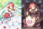  1girl bare_shoulders before_after berserker_of_black blue_eyes breasts bride corruption covered_navel egg fate/apocrypha fate/grand_order fate_(series) feet flower heterochromia horn looking_at_viewer medium_breasts navel on_back see-through tagme tattoo tentacle toes yellow_eyes 