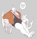  anthro big_penis boosterpang clothed clothing english_text erection erection_under_clothes fish huge_penis looking_at_viewer male marine muscular muscular_male penis piercing shark sitting solo tapering_penis text tongue tongue_out tongue_piercing wrestling_singlet 