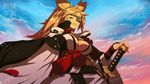  absurdres baiken blonde_hair breasts cleavage commentary_request eyepatch guilty_gear guilty_gear_xrd highres ippo large_breasts light_smile looking_at_viewer red_eyes sheath sheathed solo sword twilight weapon 