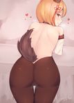  2018 ass bare_back blonde_hair blush brown_eyes closed_mouth cowboy_shot dated detached_sleeves dog_tail eyebrows_visible_through_hair from_behind granblue_fantasy heart kuavera leaning_forward looking_back number pantyhose profile pussy solo tail thigh_gap twitter_username vajra_(granblue_fantasy) 