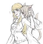  animal_ears bamboo9545 bare_shoulders blonde_hair blue_eyes blush breast_grab breasts brown_hair cat_ears cat_tail final_fantasy final_fantasy_xiv flying_sweatdrops grabbing limited_palette long_hair lyse_hext medium_breasts midriff multiple_girls sketch sweatdrop tail wrist_grab y'shtola_rhul yuri 