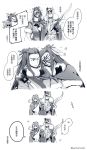  comic hair_ornament headwear highres instrument lang_wu_yao lin_xue_ya long_hair monochrome multiple_persona pipe shang_bu_huan sword thunderbolt_fantasy translation_request twitter_username weapon worrisorochi yin_lei_ling_ya 