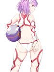  1girl adjusting_panties ass fate/grand_order fate_(series) helena_blavatsky_(fate/grand_order) helmet looking_at_viewer looking_back medium_hair purple_eyes purple_hair simple_background smile swimsuit white_background 