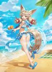  absurdres ahoge animal_ear_fluff animal_ears artist_name ass beach blade_&amp;_soul blue_eyes bow breasts brown_hair cat_ears commentary day flower hair_bow highres innertube light_brown_hair long_hair looking_back low_twintails lyn_(blade_&amp;_soul) monable ocean sailor_collar sandals small_breasts smile solo star star-shaped_pupils swimsuit symbol-shaped_pupils tankini twintails 