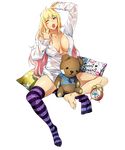  alarm_clock arm_up barefoot blonde_hair blush_stickers clock english eyebrows_visible_through_hair forearm_at_chest full_body gradient_hair long_hair long_sleeves multicolored_hair no_bra no_shoes official_art open_clothes open_mouth open_shirt pillow pink_hair shatte_judevesten shiny shiny_skin shirt solo star star_print striped striped_legwear stuffed_animal stuffed_toy super_robot_wars super_robot_wars_x-omega teddy_bear thighhighs transparent_background unbuttoned upper_teeth watanabe_wataru wince 