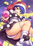  ass bangs bare_legs blue_eyes blue_hair book bookmark breasts commentary doremy_sweet dream_soul dress eyebrows_visible_through_hair ferris_wheel foreshortening hat heart highres looking_at_viewer medium_breasts nightcap panties pantyshot pom_pom_(clothes) purple_panties red_hat short_dress short_hair smile snowcanvas socks solo star tail tapir_tail thick_thighs thighs touhou turtleneck underwear white_legwear 