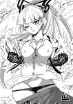  bangs blunt_bangs blush breasts burning cleavage clenched_hands covered_nipples dress_shirt fire fujiwara_no_mokou greyscale groin highres himajin_noizu large_breasts long_hair monochrome one_eye_closed panties panty_pull ponytail shirt skindentation solo suspenders torn_clothes torn_sleeves touhou underwear white_background 