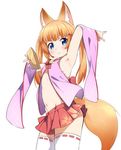  animal_ear_fluff animal_ears arm_up armpits blue_eyes commentary_request covered_nipples cowboy_shot flat_chest floral_print fox_ears fox_shadow_puppet fox_tail from_side frown gold_bar hair_ornament hairclip highres kemomimi_oukoku_kokuei_housou long_hair looking_at_viewer mikoko_(kemomimi_oukoku_kokuei_housou) miniskirt navel niko_(tama) orange_hair red_skirt ribbon-trimmed_legwear ribbon_trim simple_background skirt solo stomach tail thighhighs twintails virtual_youtuber white_background white_legwear wide_sleeves zettai_ryouiki 