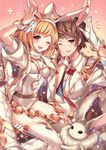  1girl ;d animal_ears arm_up blonde_hair bow bowtie breasts brown_eyes brown_hair bunny bunny_ears cleavage djeeta_(granblue_fantasy) fake_animal_ears gloves gran_(granblue_fantasy) granblue_fantasy hairband hand_on_another's_cheek hand_on_another's_face highres homaderi leotard medium_breasts one_eye_closed open_mouth red_bow red_neckwear sage_(granblue_fantasy) short_hair smile thighhighs white_gloves white_hairband white_legwear white_leotard wrist_cuffs 
