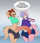  2018 anthro balls black_nose blue_eyes blue_hair breasts bulge canine clothed clothing dawmino dialogue dickgirl duo english_text green_eyes hair hair_over_eye hand_behind_head hi_res humanoid_penis hyper hyper_penis intersex kangaroo mammal marsupial open_mouth penis red_hair short_hair text tracy_vale 