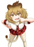  animal_ears bangs bent_over blush breasts brown_hair eyebrows eyebrows_visible_through_hair fang finger_in_mouth fur_collar gradient_hair hair_between_eyes hand_on_hip highres kemono_friends legs_apart light_brown_hair lion_(kemono_friends) lion_ears lion_tail looking_at_viewer miniskirt multicolored_hair necktie plaid plaid_skirt pleated_skirt pocket red_neckwear red_skirt shirt short_hair short_sleeves simple_background skindentation skirt small_breasts solo standing tail takatsuki_nao tan_legwear teeth thighhighs tongue tsurime two-tone_hair white_background white_shirt yellow_eyes zettai_ryouiki 