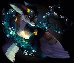  2017 ambient_butterfly ambiguous_form ambiguous_gender arthropod black_background blue_eyes branch butterfly canine clockbirds countershading feathered_wings feathers fur glowing grey_feathers grey_fur insect looking_back mammal mushroom plant rose_(flower) simple_background solo white_countershading wings 