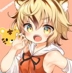  animal_ears bare_shoulders black_hair blonde_hair claws detached_sleeves eyebrows_visible_through_hair fangs hand_up looking_at_viewer marshmallow_mille multicolored_hair open_mouth simple_background solo streaked_hair tiger_ears toramaru_shou touhou twitter_username upper_body wavy_hair yellow_eyes 