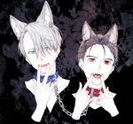  alternate_eye_color animal_ears black_hair blue_eyes chain collar extra_ears katsuki_yuuri kuroemon male_focus multiple_boys open_mouth red_eyes silver_hair upper_body viktor_nikiforov wolf_ears yuri!!!_on_ice 