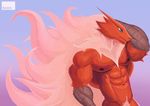  2018 abs absurd_res anthro avian bada-butterfly biceps big_muscles blaziken blue_eyes digital_media_(artwork) hair hi_res male muscular muscular_male navel nintendo nipples nude pecs pok&eacute;mon pok&eacute;mon_(species) pubes simple_background solo standing vein video_games 