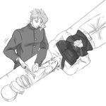  cutting_hair earrings gakuran greyscale hands_together interlocked_fingers jean_pierre_polnareff jewelry jojo_no_kimyou_na_bouken kakyouin_noriaki knife lying male_focus monochrome multiple_boys on_back para_sitism school_uniform stardust_crusaders 