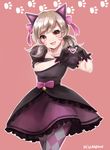  alternate_costume alternate_hair_color alternate_hair_length alternate_hairstyle animal_ears artist_name bad_id bad_pixiv_id black_cat_d.va black_dress black_gloves blonde_hair bow brown_eyes cat_ears collarbone commentary_request cowboy_shot d.va_(overwatch) dress eyebrows_visible_through_hair facepaint facial_mark fake_animal_ears fang frilled_dress frills gloves hair_bow heart heart_hands looking_at_viewer m-musume_(catbagel) medium_hair multicolored multicolored_clothes multicolored_legwear open_mouth outline overwatch pantyhose paw_print pink_background pink_bow print_legwear puffy_short_sleeves puffy_sleeves short_sleeves short_twintails signature simple_background smile solo twintails two-tone_legwear whisker_markings 